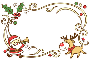 Christmas frame, golden ornate border, jingle bells, holly leaves, Santa Claus cartoon, reindeer cartoon, party horns, confetti, red bow, festive decorations, white background, cheerful holiday charac