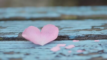 Fototapeta premium Heart-shaped petal on a weathered blue wooden surface for Valentine's Day. Generative AI
