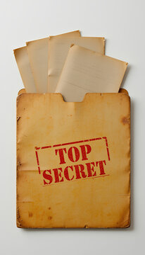 Vintage top secret file folder with bold red stamp, aged papers, and retro espionage aesthetic