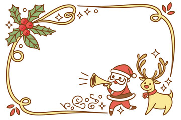Christmas frame, golden ornate border, jingle bells, holly leaves, Santa Claus cartoon, reindeer cartoon, party horns, confetti, red bow, festive decorations, white background, cheerful holiday charac