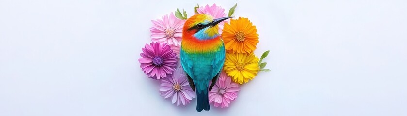 Fototapeta premium A colorful bird perched among vibrant flowers, showcasing a harmonious blend of nature's beauty.