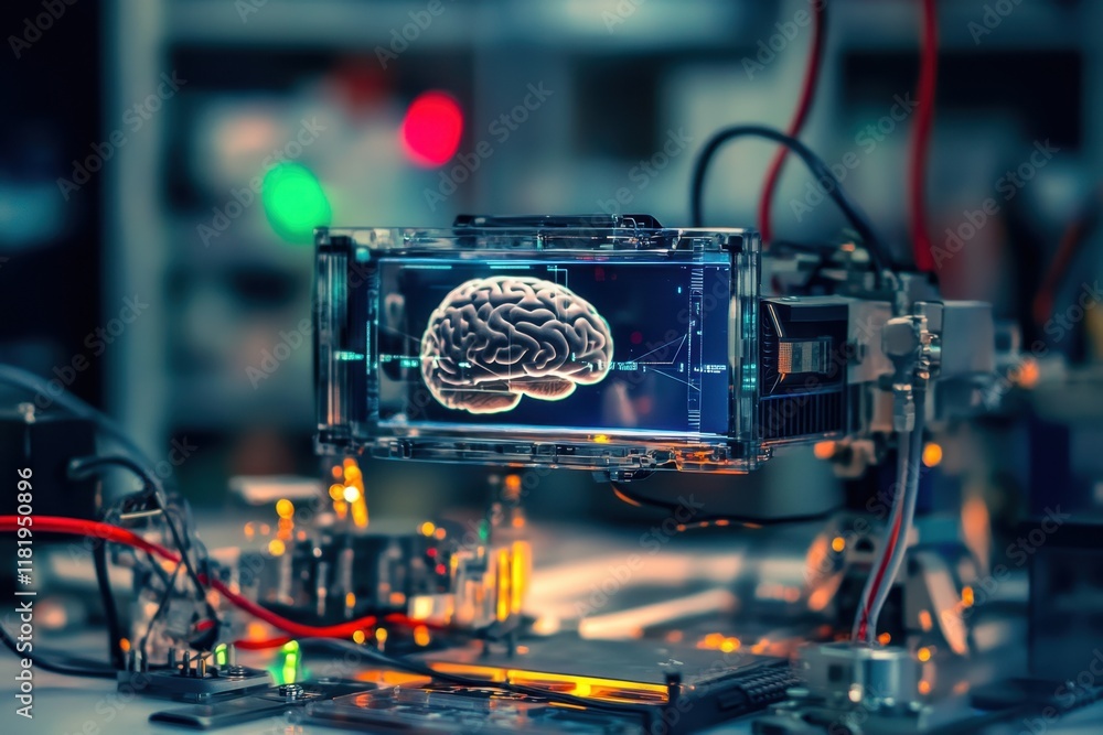 Poster advanced technology showcases a holographic brain representation in a lab setting