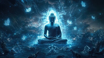 Fototapeta premium Buddha statue surrounded by a mystical celestial landscape with glowing orbs and cosmic light. Spiritual peace and enlightenment in a surreal setting. Generative by AI