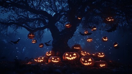 Árvore Assustadora de Halloween à Noite com Abóboras Iluminadas, Luminárias e Morcegos Voando Sob o Céu Estrelado, Criando uma Atmosfera Sombria e Mágica para a Temporada de Halloween