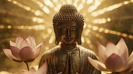 Obraz premium Golden Buddha sitting on a lotus surrounded by radiant glowing lights and celestial harmony. Spiritual energy and divine tranquility in a surreal environment. Generative by AI