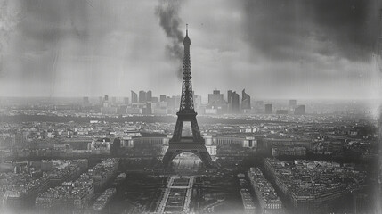 Artistic depiction of the Eiffel Tower with a misty Parisian cityscape