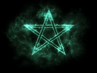 Glowing green pentagram with smoky background.