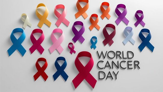 3d render A collection of colorful awareness ribbons for different cancers, with the phrase "World Cancer Day" prominently displayed beneath them.