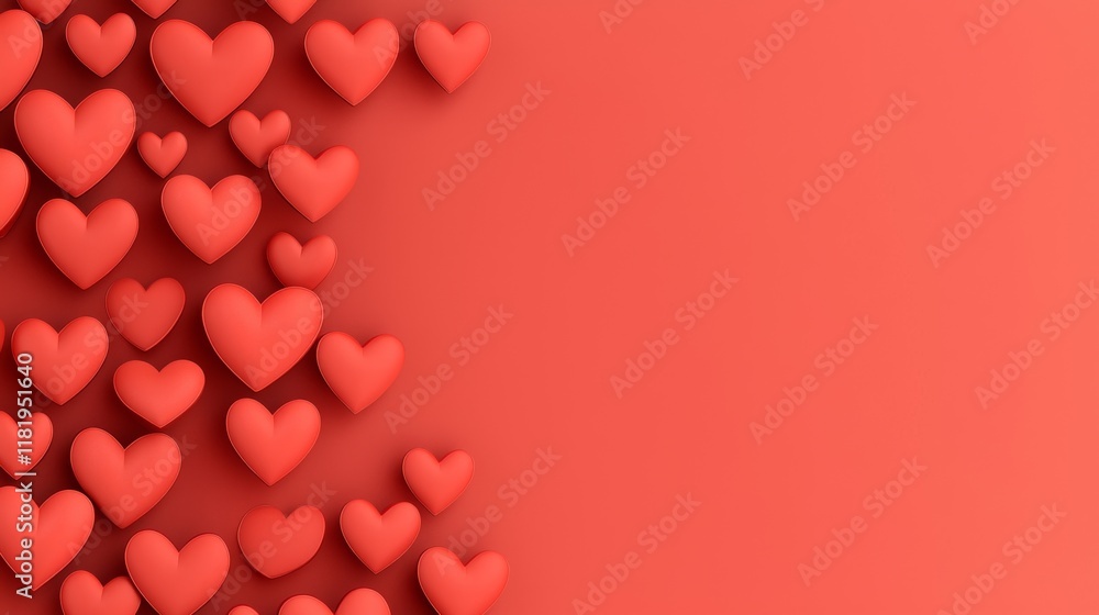 Poster 3d render an array of red hearts is arranged on a vibrant red background, conveying a theme of love 