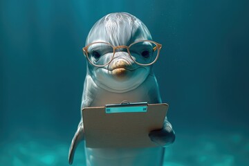 Dolphin wearing glasses holding clipboard highlighting wisdom and communication on serene blue backdrop