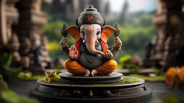 Whimsical statuette showcasing the revered Lord Ganesha the remover of obstacles captured in a delightful pose radiating positivity and goodwill rendered with a vibrant