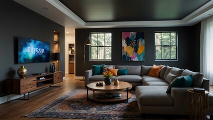 Modern Luxurious Living Room with Dark Walls, Large Sectional Sofa, and Contemporary Art Decor