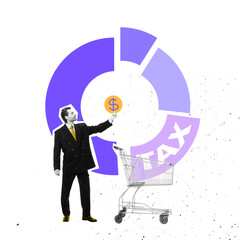 Modern visual composition. Businessman in suit holds coin symbolizing money, standing near shopping cart with pie chart in background. Concept of business, budgeting, management. Ad