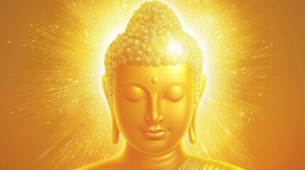 Golden Buddha statue glowing against a vibrant light-filled background. Spirituality, peace, and enlightenment themes. Generative by AI.