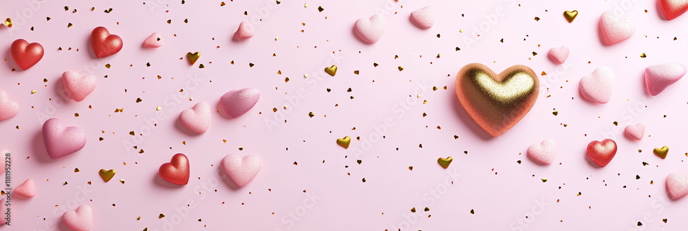 Fototapete sweet valentine's day horizontal panoramic greeting card template with empty copy space with scatter