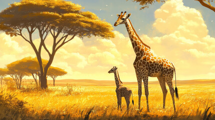 Obraz premium giraffe calf stands beside its mother in golden savanna landscape, surrounded by acacia trees and vibrant sky. scene captures beauty of wildlife and nature