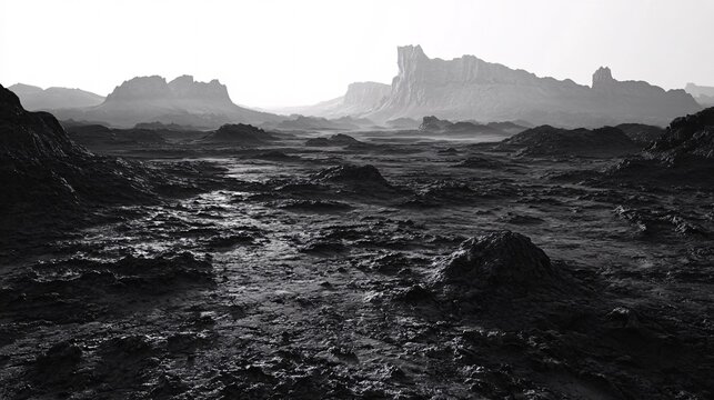 Barren Volcanic Landscape with Cracked Black Lava Rocks and Distant Mountains Under a Stark White Sky, Depicting a Harsh, Desolate, and Dramatic Environment of Natural Beauty and Power