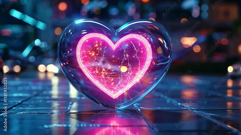 Poster a radiant heart glows with neon colors, its intricate patterns illuminating a bustling urban environ