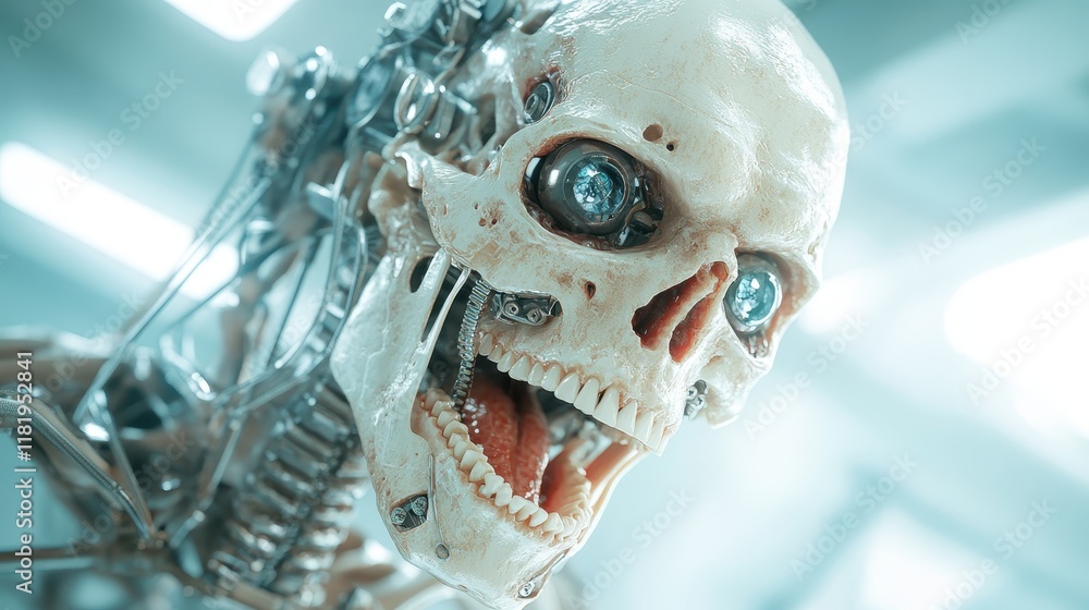 Poster a detailed depiction of a futuristic robot skull, showcasing intricate mechanical components that bl