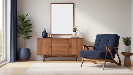 mid Century and vintage interior of living room, Navy lounge chair with wood cabinet