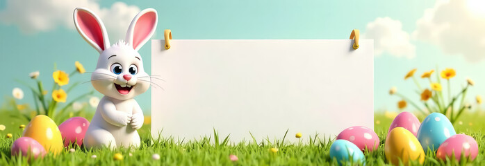 Obraz premium A cute little rabbit next to an Easter egg with a place for a banner text, a postcard, a series of bunnies in a clearing. Easter eggs painted in different colors, for the bright Easter church holiday.