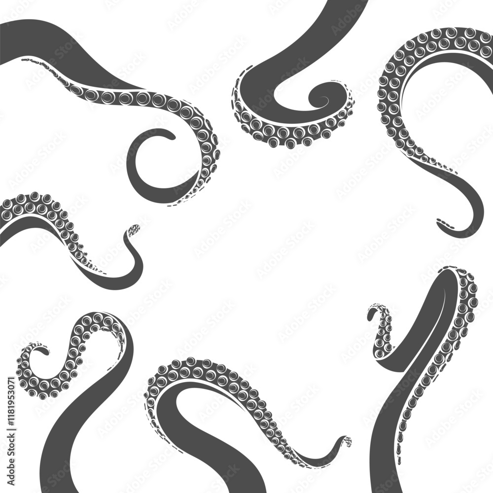 Poster set of black and white illustrations with octopus tentacles. isolated vector objects on white backgr