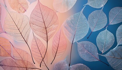 texture transparent skeleton pink white leaves on blue peach background macro gentle colorful beautiful artistic image of nature natural background for design