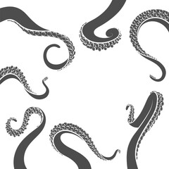 Set of black and white illustrations with octopus tentacles. Isolated vector objects on white background.