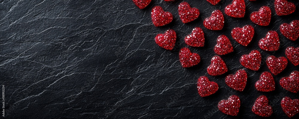 Poster 3d render A collection of red heart-shaped objects arranged artistically on a dark textured surface.