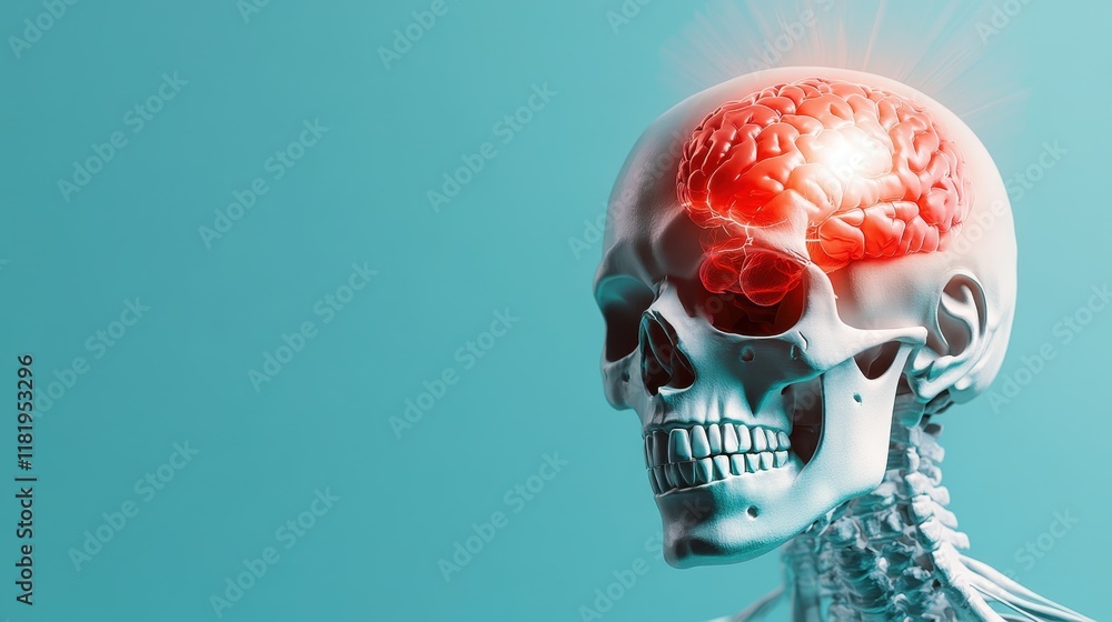 Poster an artistic representation of a skull with a radiant brain, highlighting the importance of brain fun