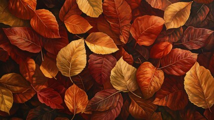 Autumn Leaves Texture in Rich Shades of Red, Orange, and Brown, Detailed Background Representing Seasonal Nature, Fall Foliage, and Natural Beauty for Decorative or Artistic Use