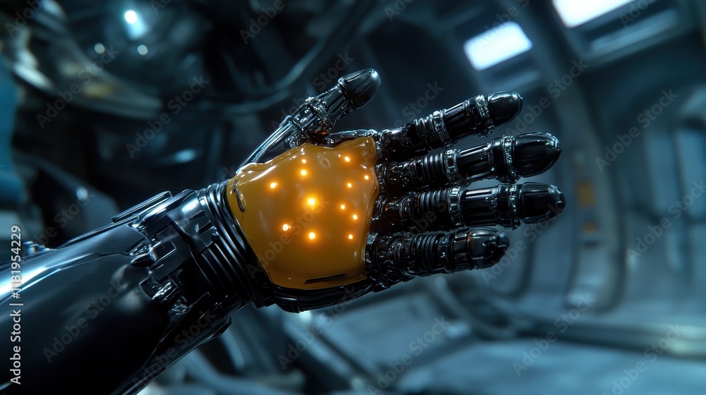Poster this captivating image features a futuristic robotic hand with vibrant glowing elements, representin