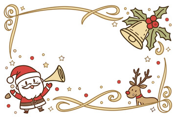 Christmas frame, golden ornate border, jingle bells, holly leaves, Santa Claus cartoon, reindeer cartoon, party horns, confetti, red bow, festive decorations, white background, cheerful holiday charac