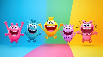 Obraz premium Colorful Cartoon Characters Jumping in Joy on a Vibrant Background
