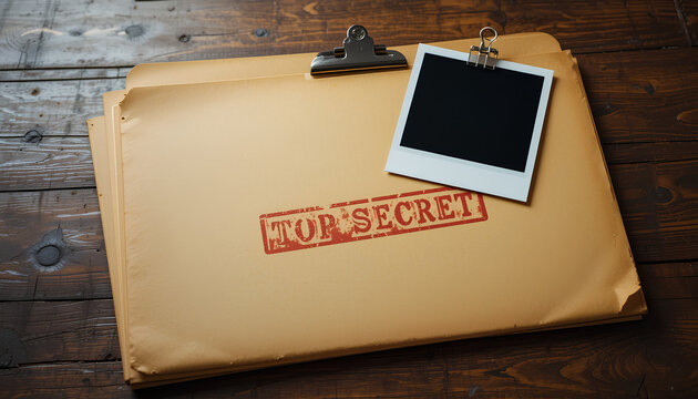 Vintage top secret file on rustic wooden desk with red stamp, black photo, and retro confidential aesthetic
