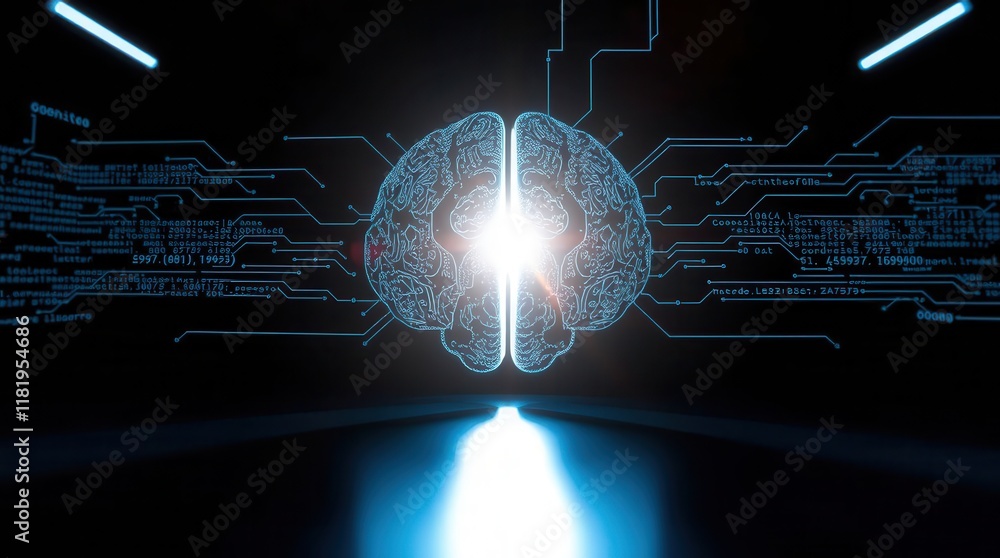 Poster a glowing digital brain surrounded by circuitry, symbolizing artificial intelligence and advanced te