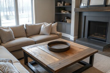 Cozy Interior: Barn Wood Table, Fireplace, and Sleek Corner Sofa in Minimalist Style