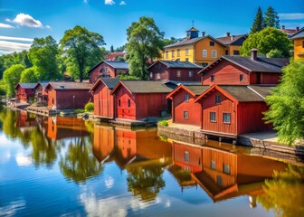 Fototapeta premium Picturesque Old Red Wooden Houses on Porvoo River, Finland - Summer Day