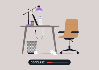 A disorganized desk with a lamp, laptop, and scattered papers illustrates the frantic atmosphere of a workspace under pressure, A trash bin filled with crumpled papers adds to the urgency