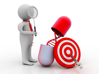 3d render of dna structure in capsule near searching lab technician 