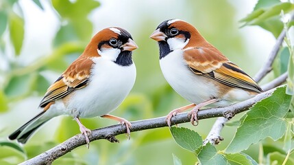 Two White rumped Munias on Branch  Closeup