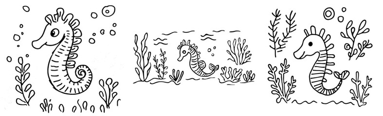 Fototapeta premium Seahorse exploring the underwater world in a black and white illustration designed for coloring books
