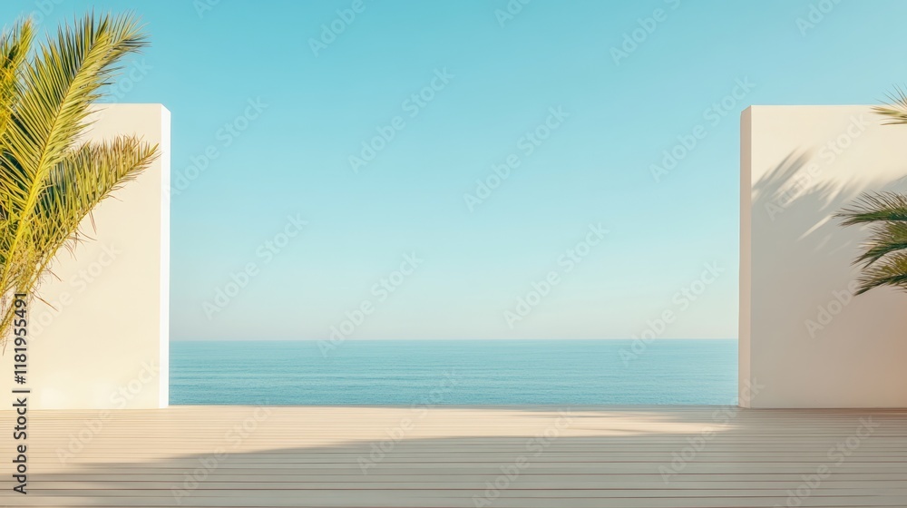 Aufkleber wooden terrace featuring palm trees, overlooking a tranquil ocean under a clear sky, creating a sere
