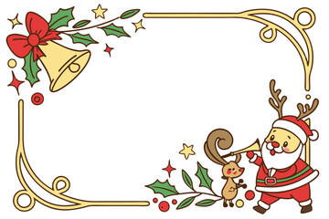 Adobe IllChristmas frame, golden ornate border, jingle bells, holly leaves, Santa Claus cartoon, reindeer cartoon, party horns, confetti, red bow, festive decorations, white backgroundustrator Artwork