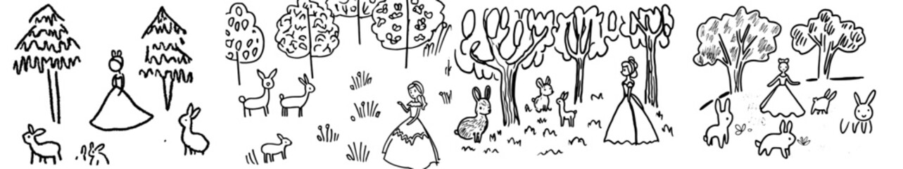 Fototapeta premium Snow White surrounded by animals in a wooded setting