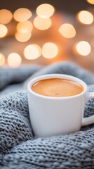 Coffee in white mug on a knitted blanket 