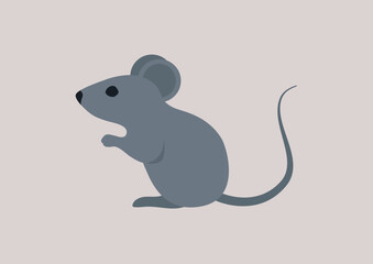 A grey mouse displaying its playful nature and curiosity, set against a gentle pastel backdrop that enhances its cute and charming appearance in a lively moment