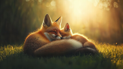 Obraz premium Cuddling foxes basking in warm sunlight, showcasing tender moment