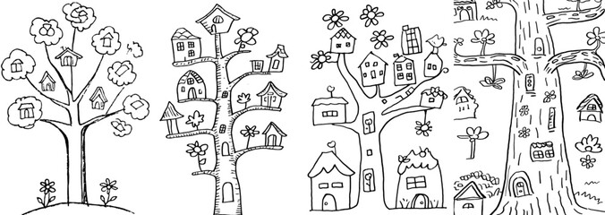 Obraz premium Hand-drawn picture of a small fantasy village nestled among the trees. Designed as an anti-stress coloring book sketch in zen-tangle style. Modern illustration for a coloring page, set against a