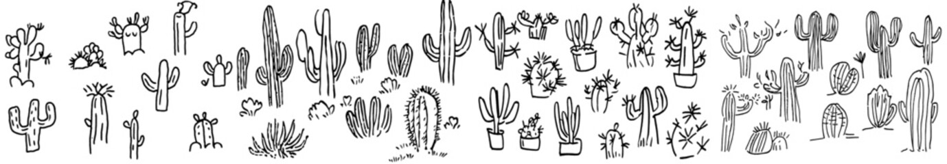 Fototapeta premium A black and white doodle seamless pattern featuring cactus, including prickly pear, agave, saguaro, and cactus flower